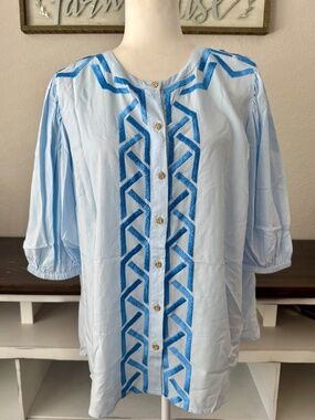 Emily McCarthy New Proper Top Blouse Skyway Geo 100% Tencel Size L CC